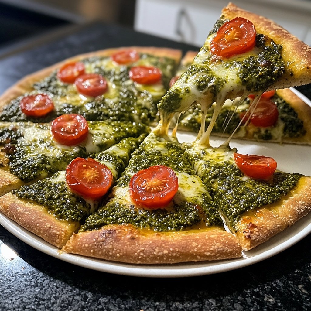 Pizza mit Pesto und Kirschtomaten