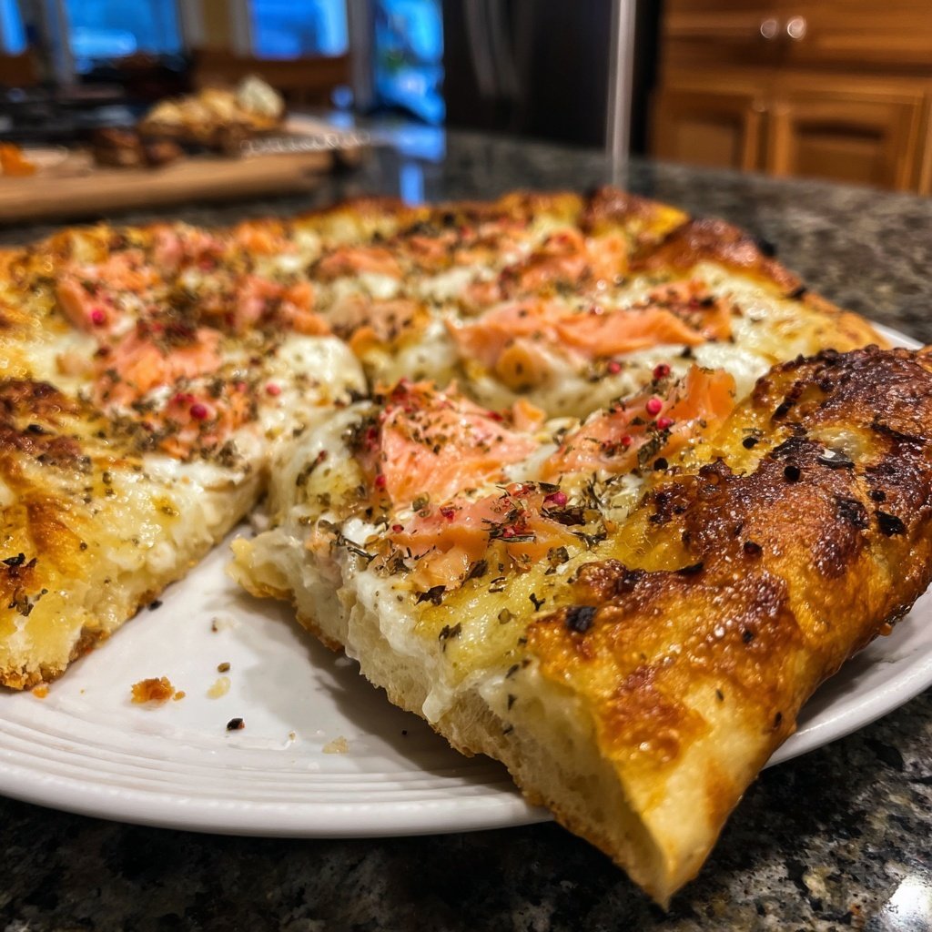 Pizza mit Lachs und rosa Pfeffer